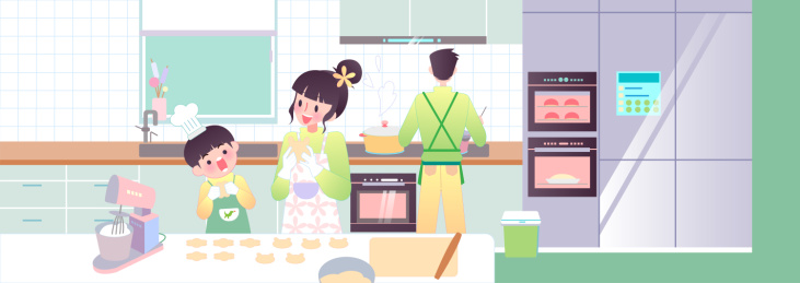 爸爸妈妈孩子一起在厨房用智能家电做饭横板