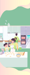 爸爸妈妈孩子一起在厨房用智能家电做饭竖版