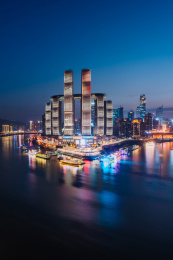 中国重庆朝天门沿岸高楼城市天际线夜景