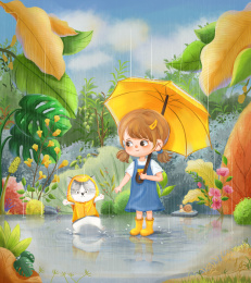 下雨天小女孩和小猫玩雨水