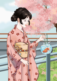 手拿捞金鱼的穿和服的女孩