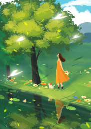 原创插画 四季插画 春夏风景在河边的女孩