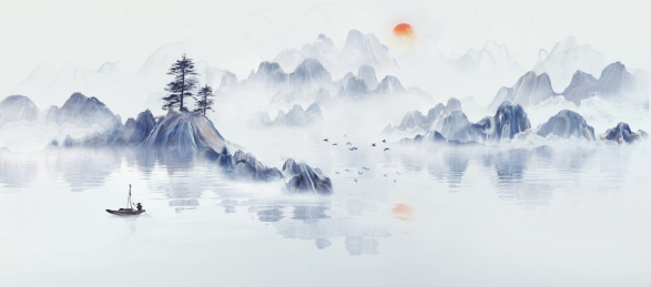 新中式蓝色意境山水画背景图