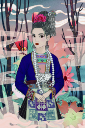 侗族妇女在节日的织锦围裙银饰形象