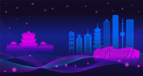 中国江苏省徐州市城市天际线夜景矢量插画