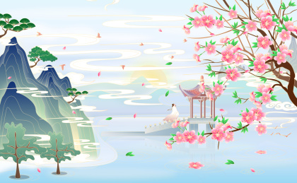诗人山间桃花亭子祥云古风场景插画