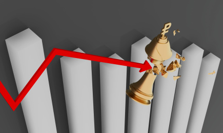 被下降箭头击碎的卢布符号棋子经济下滑