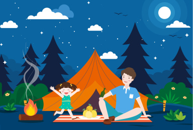 爸爸带着孩子在户外露营