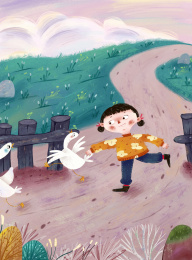 一个小女孩在山坡上抓鸭子 板绘厚涂