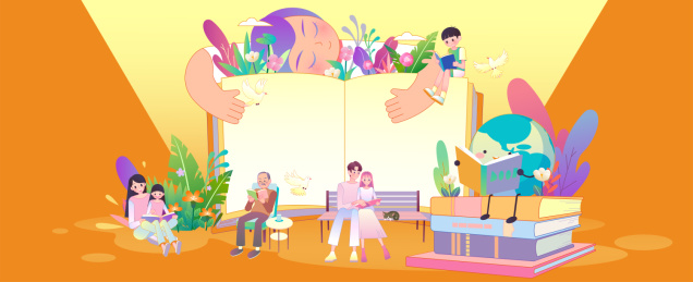 女孩抱着巨大书本前人们都各自在阅读横版