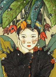 手绘风女子与花
