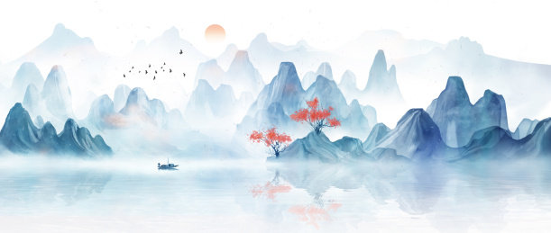 蓝色意境山水画新中式山水插画背景