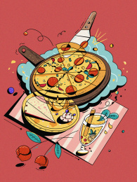 美式复古装饰画-美食系列披萨蛋糕饮料西餐