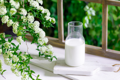 放在绿植和白色砧板上的新鲜有机牛奶