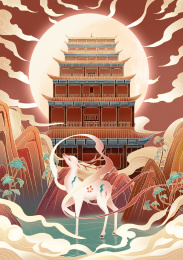 国潮敦煌建筑插画