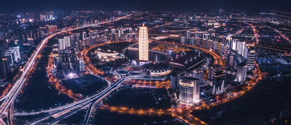 中国河南郑州CBD夜景航拍