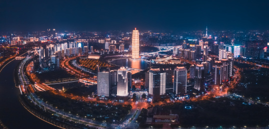 中国河南郑州CBD夜景航拍