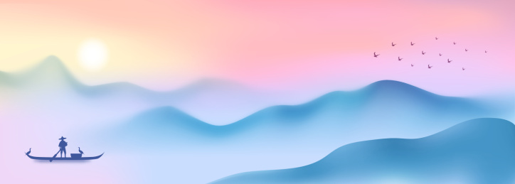 新中式国潮创意国潮山水日出山水云海插画