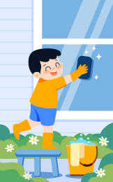 五一劳动节小孩擦玻璃插画辛勤劳动光荣海报