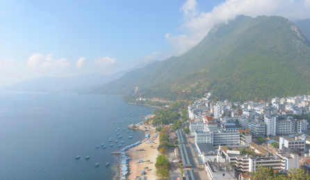 云南抚仙湖禄充风景区禄充渔村及玉溪 俯拍