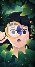 小女孩拿着放大镜观察蝴蝶