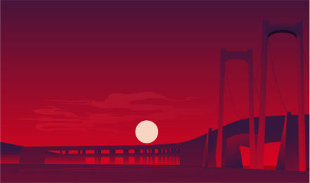 红色晚霞下的跨江大桥