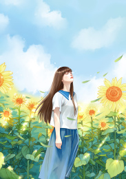 站在太阳花前仰望天空的少女