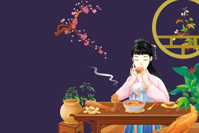 古风女子喝滋补养颜汤手绘插画