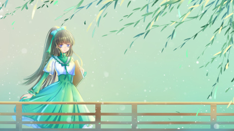 朦胧暖阳中柳叶后的绿色连衣裙马尾辫少女