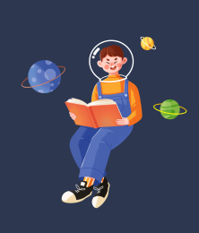 小宇航员男孩带着鱼缸看书