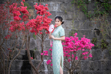 穿旗袍的女子拿着扇子站在花丛里