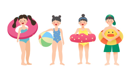 夏季海边玩耍带游泳圈的孩子矢量插画
