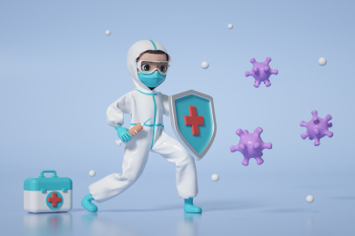 手持红十字盾牌和针管的防疫人员卡通场景