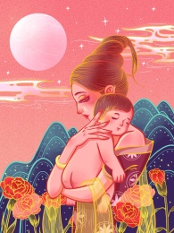 原创手绘唯美母亲节插画