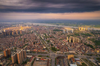 中国湖北荆门钟祥城市日出航拍
