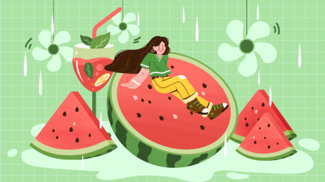 夏至女孩子坐在西瓜上吹风扇乘凉