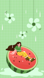 夏至女孩子坐在西瓜上吹风扇乘凉