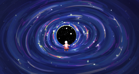 女孩趴在星空水边向下洞里看