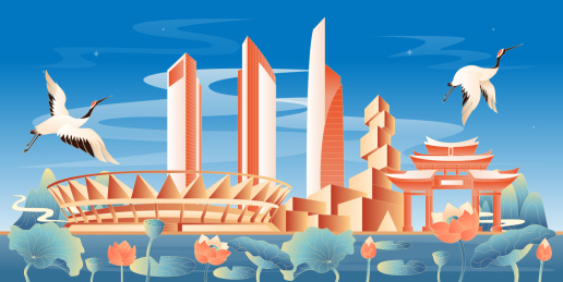 佛山地标建筑国潮插画