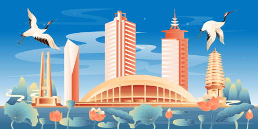 唐山地标建筑国潮插画