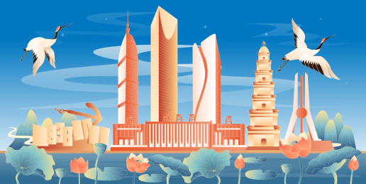 宜昌地标建筑国潮插画