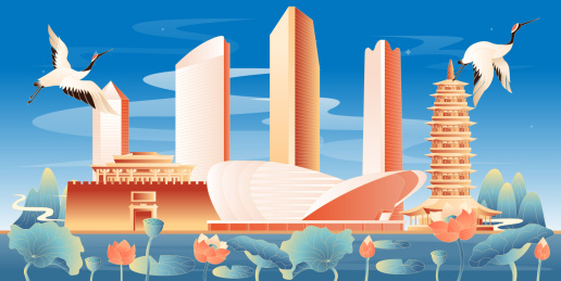 金华地标建筑国潮插画