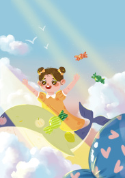 小女孩坐着海豚在天空翱翔