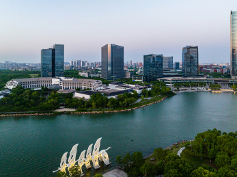 中国江苏苏州独墅湖月亮湾航拍