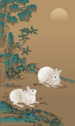 生肖白兔手绘工笔白描矢量插画