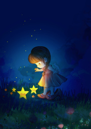 六一儿童节捡星星的小女孩