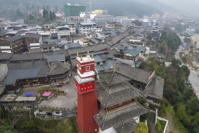 航拍四川省阿坝州汶川县水磨镇