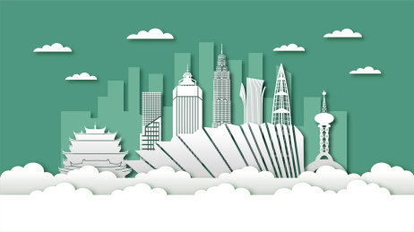 中国浙江温州市城市天际线剪纸风插画