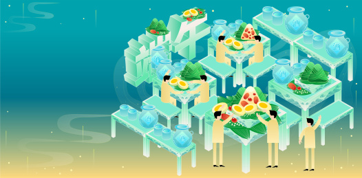 清新国潮端午团圆吃粽子矢量插画