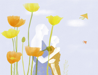 户外鲜花旁放风筝的女性插画